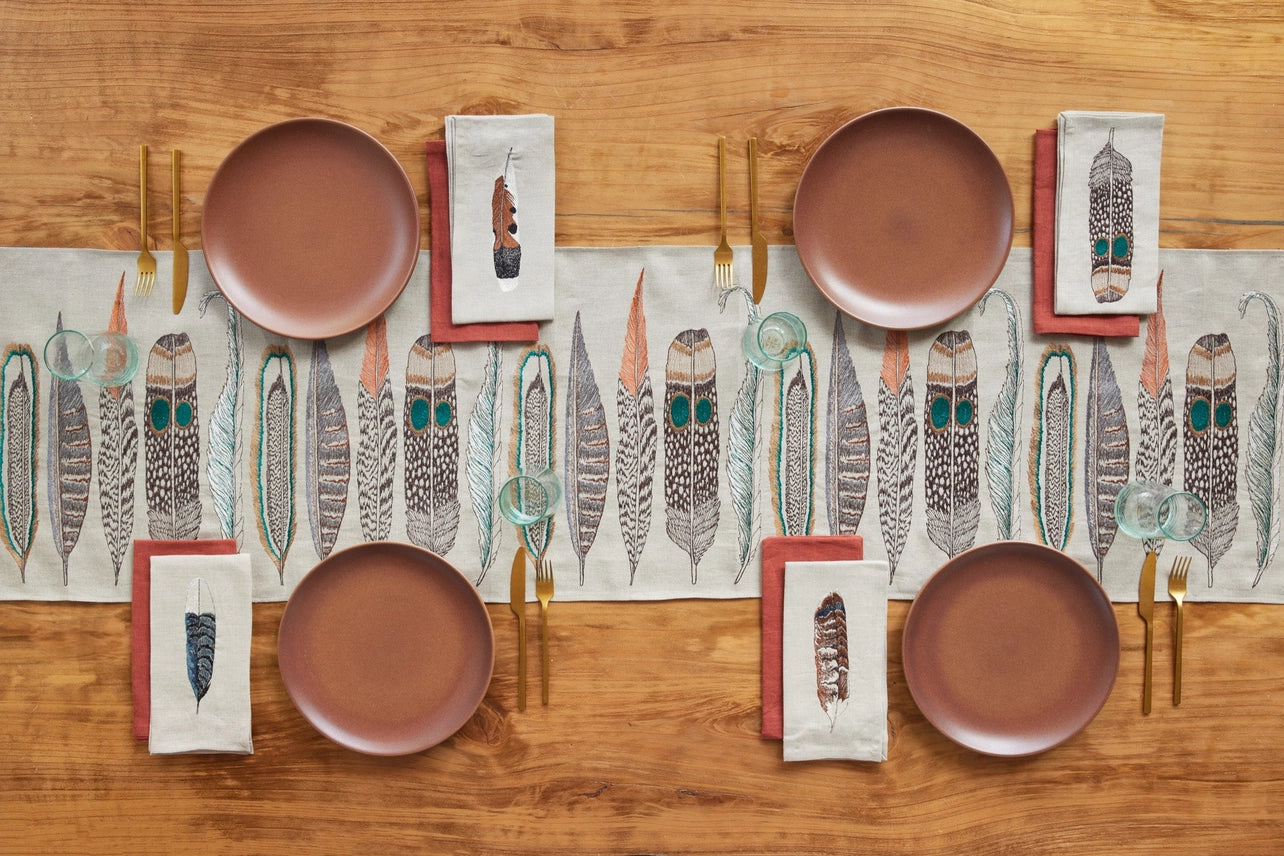Feathers Embroidered Linen Table Runner