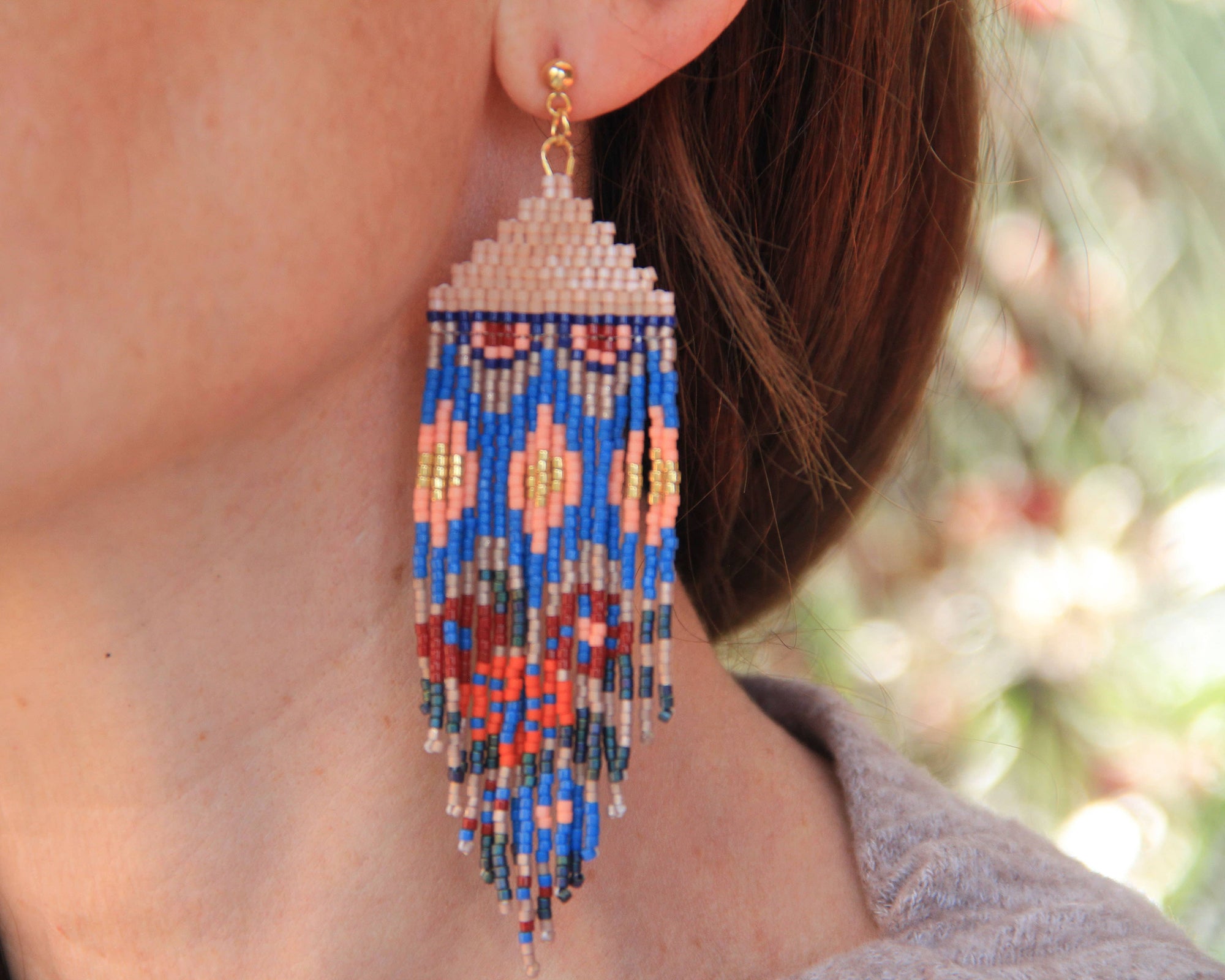 Beaded Huipil Fringe Earrings - Ocean Sunset