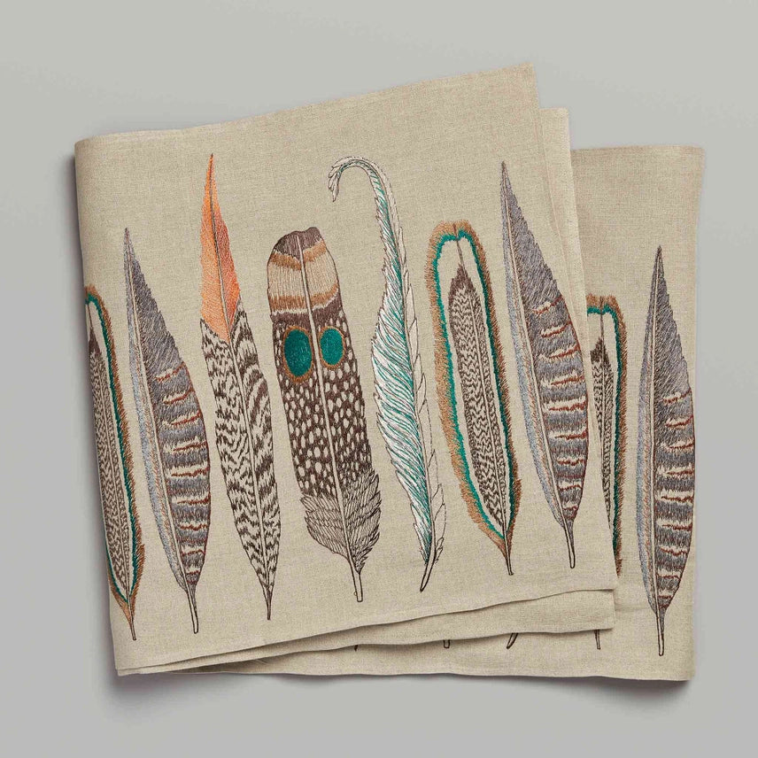 Feathers Embroidered Linen Table Runner