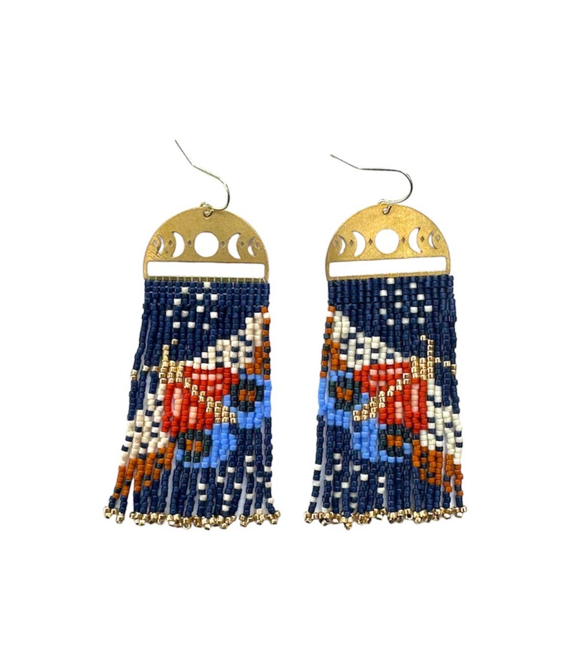 Beaded Moonlit Moth Fringe Earrings - Indigo