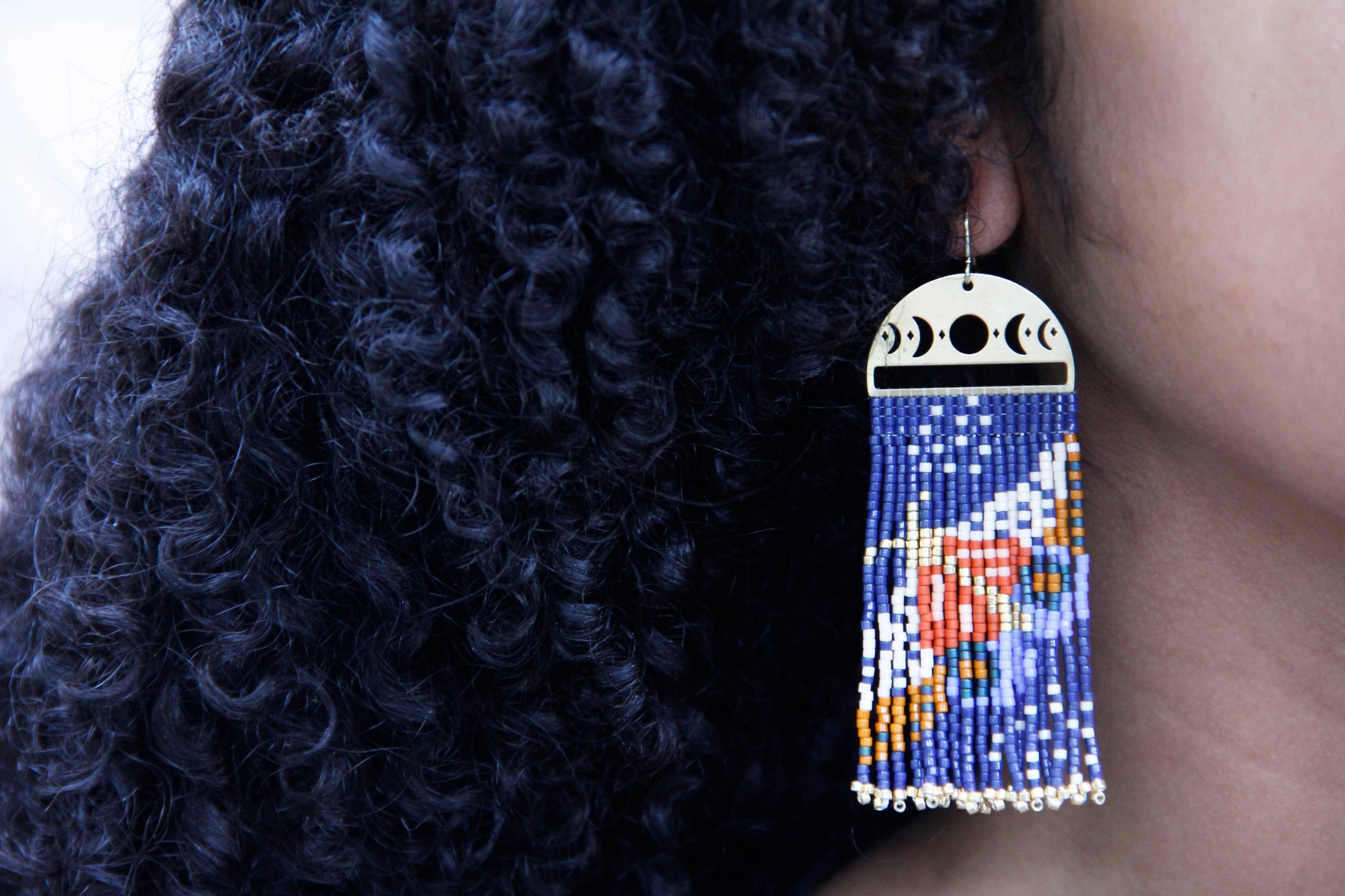 Beaded Moonlit Moth Fringe Earrings - Indigo