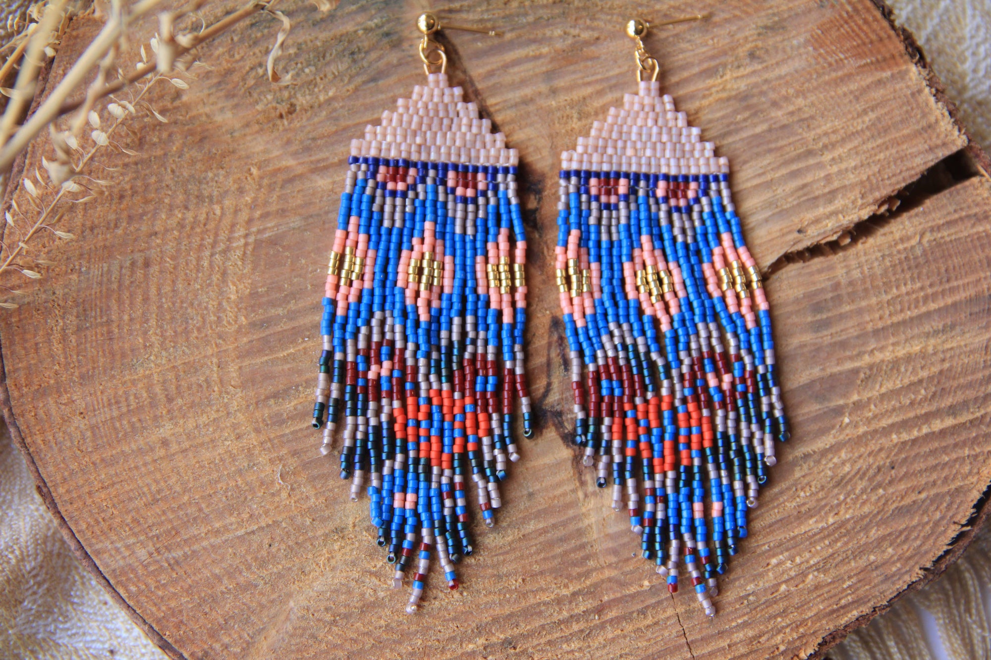 Beaded Huipil Fringe Earrings - Ocean Sunset