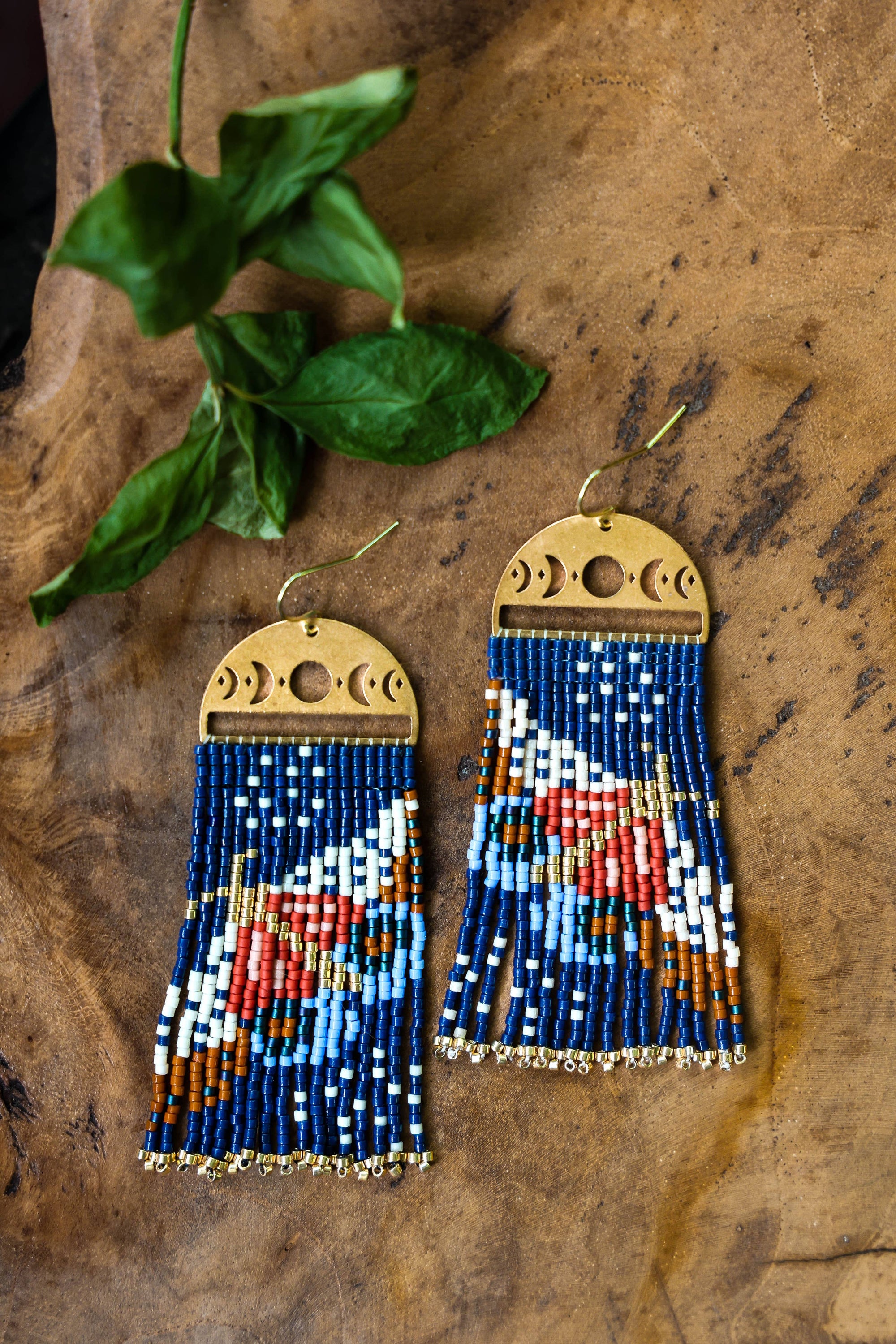 Beaded Moonlit Moth Fringe Earrings - Indigo