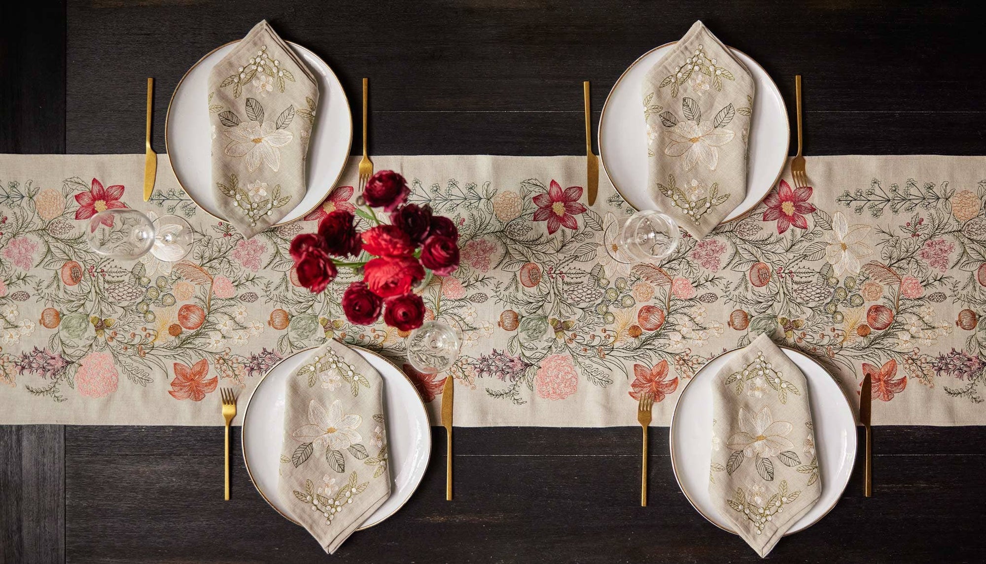 Winter Vine Embroidered Linen Table Runner