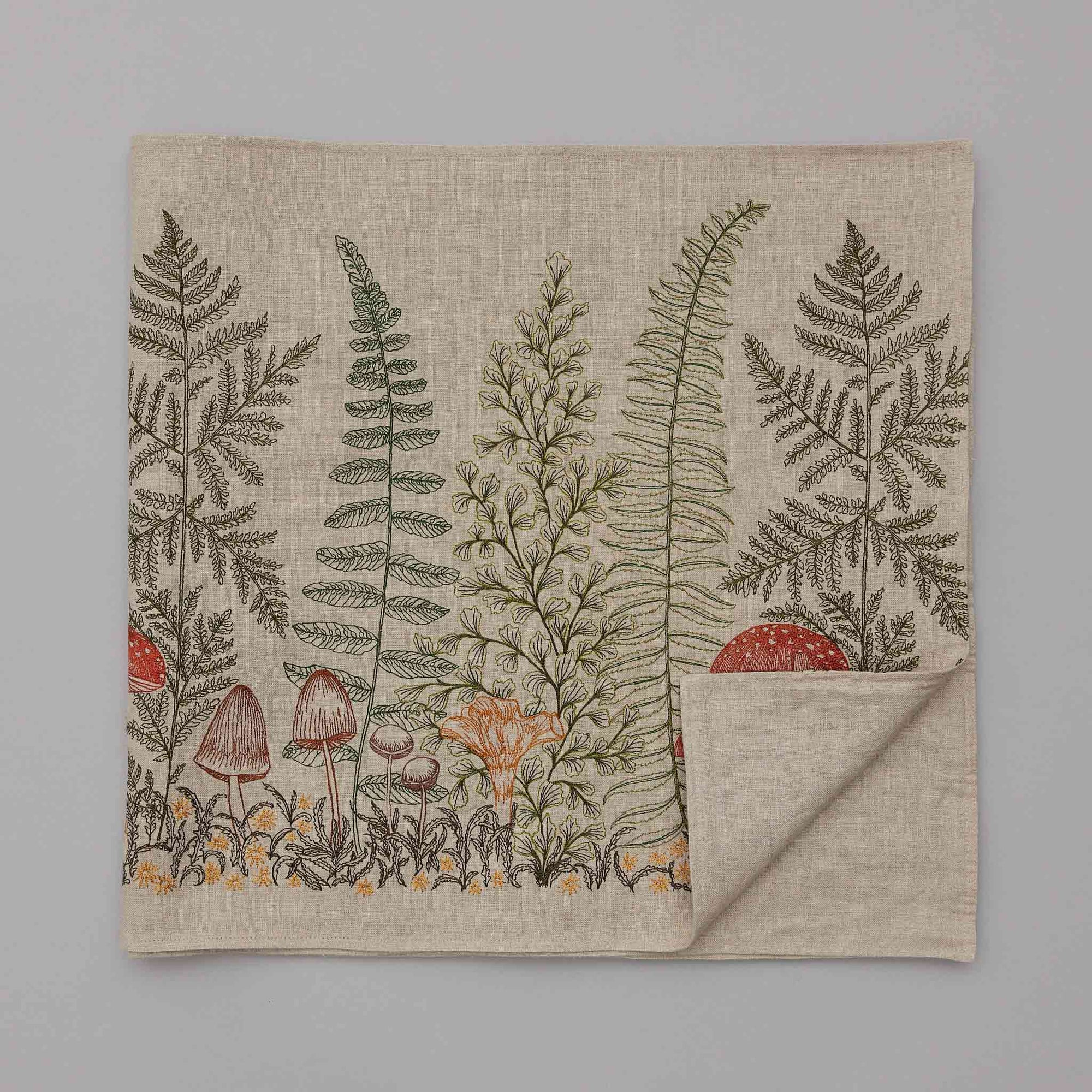 Mushrooms and Ferns Embroidered Linen Table Runner