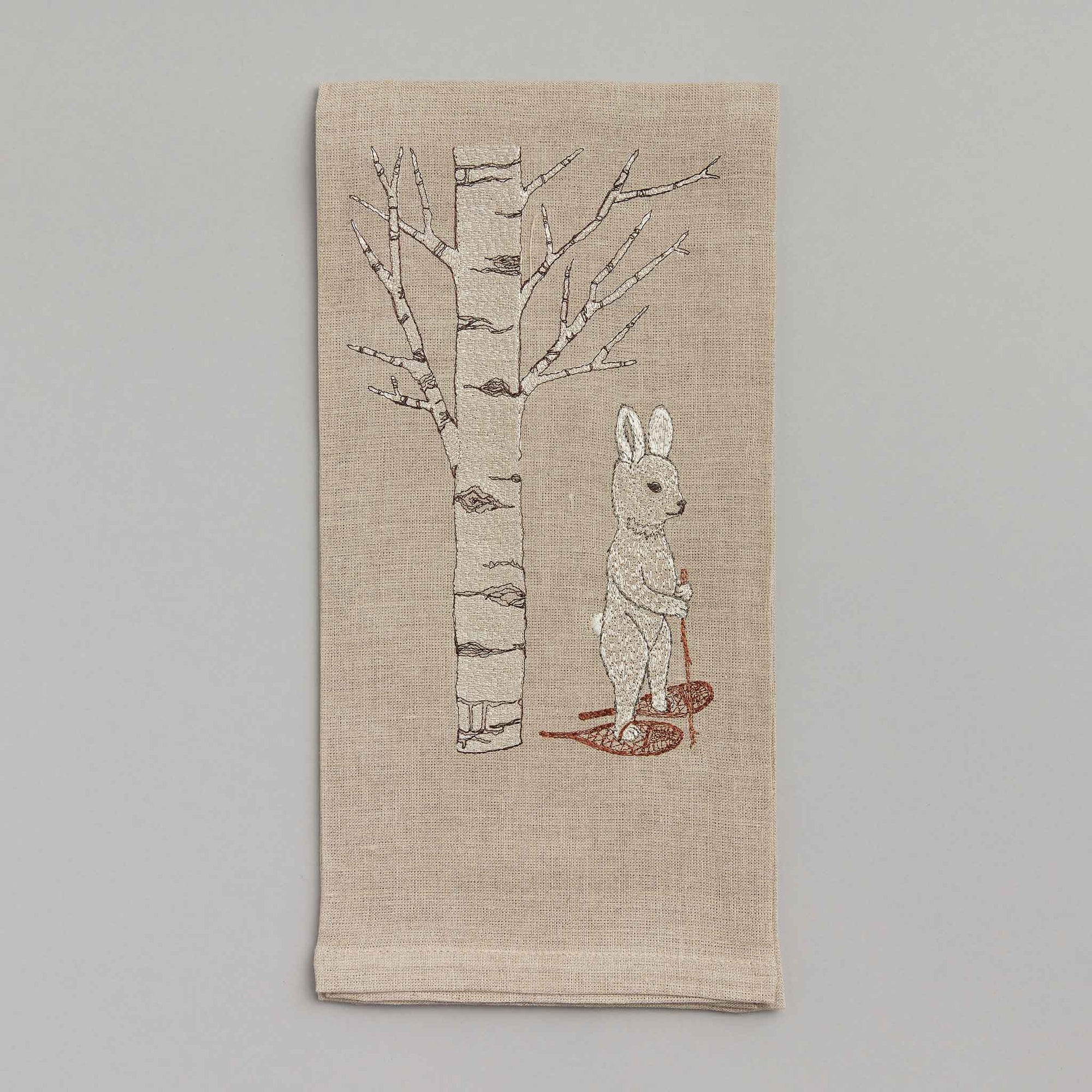 Snowshoe Hare Embroidered Linen Tea Towel