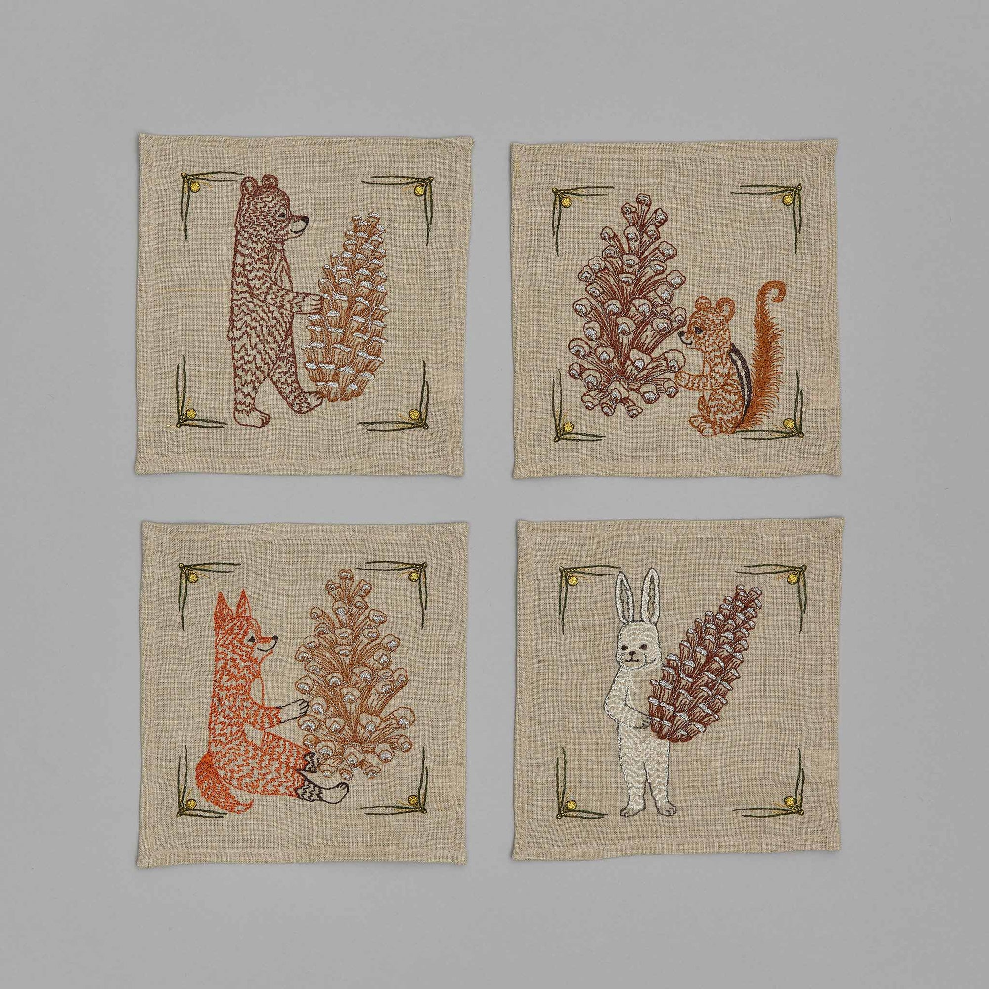 Pinecone Pals Embroidered Linen Cocktail Napkin Set