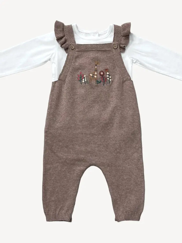 Giraffe Embroidered Ruffle Overall Set