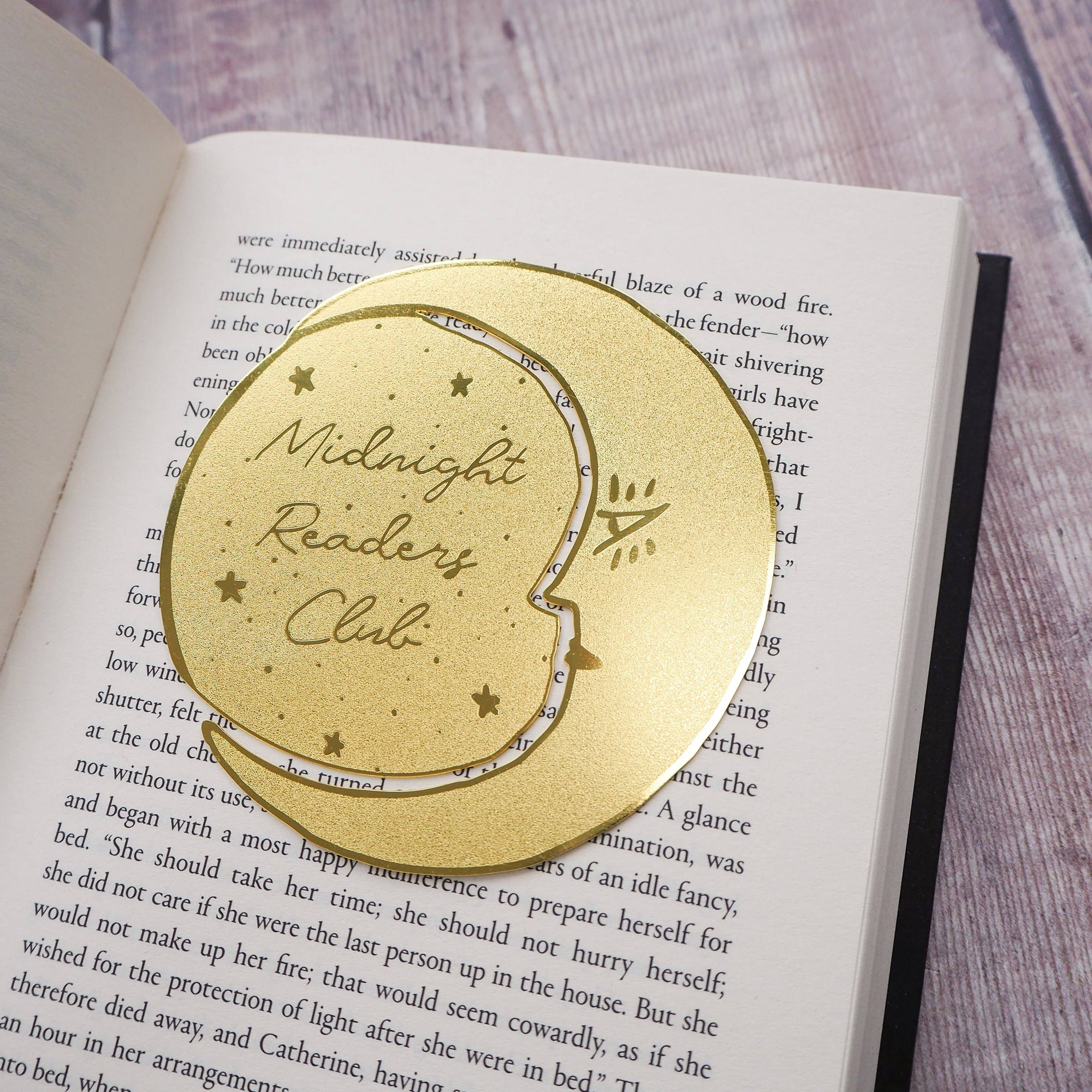 Midnight Readers Club Moon And Etched Stars Brass Bookmark