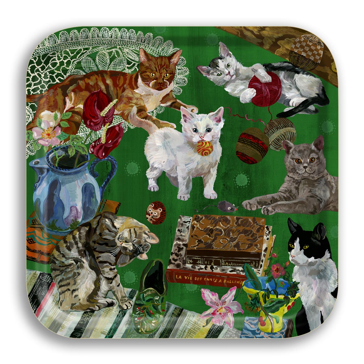 Les Chats Square Birchwood Tray