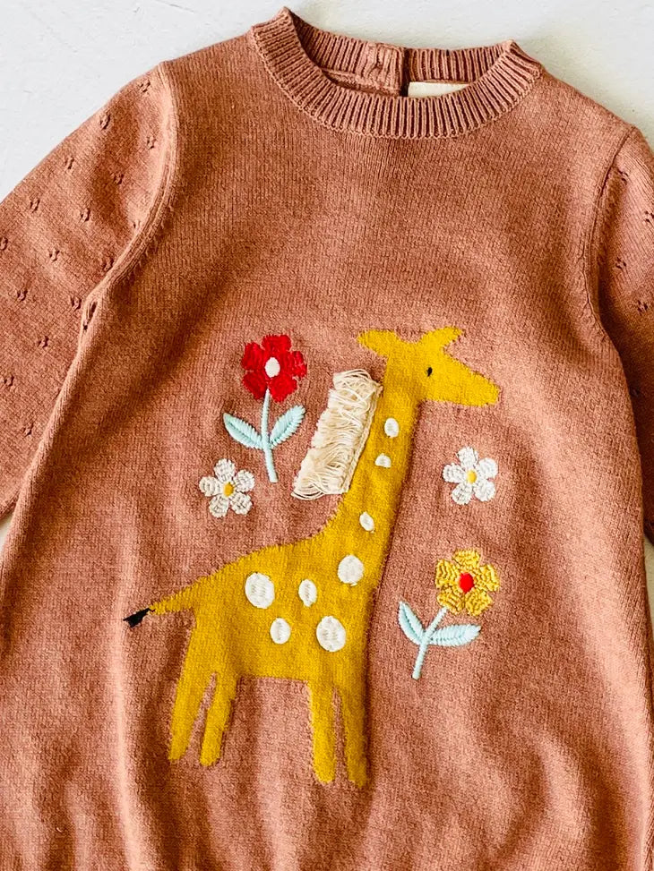 Giraffe Embroidered Baby Sweater Dress