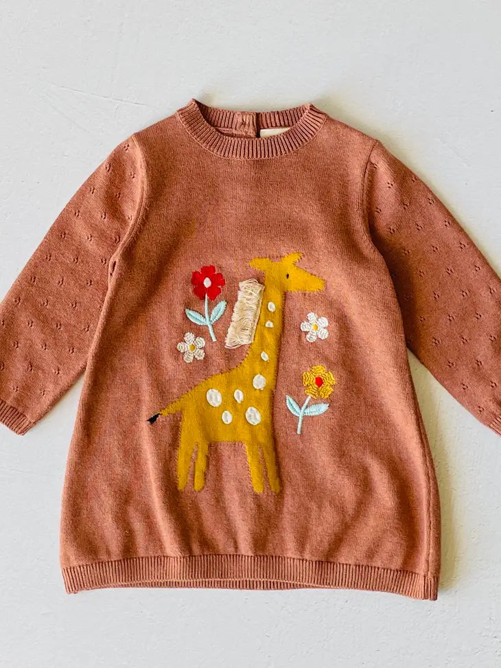 Giraffe Embroidered Baby Sweater Dress
